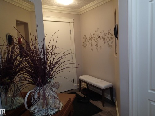 This entryway features a mirror, crown molding, and a light-colored door - 206 10208 120 Street, Edmonton, AB - Indoor Photo Showing Other Room