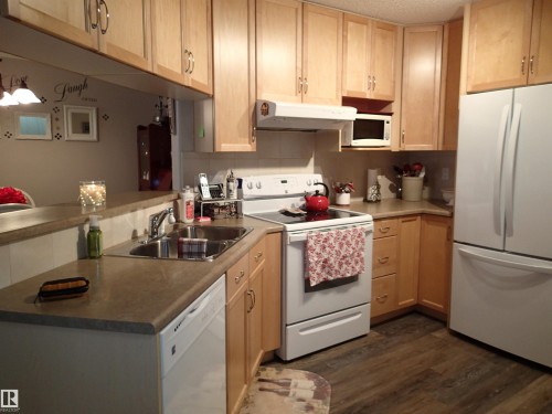The kitchen features light wood cabinetry, a white range, a white refrigerator, and a double basin sink - 206 10208 120 Street, Edmonton, AB - Indoor Photo Showing Kitchen With Double Sink