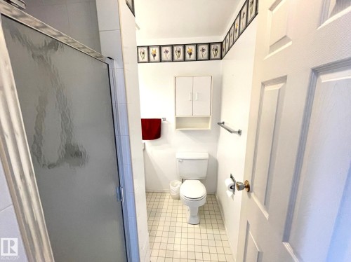 The bathroom features a shower with a frosted glass door, a toilet, and a wall-mounted cabinet with open shelving - 44 Arlington Drive, St. Albert, AB - Indoor Photo Showing Bathroom