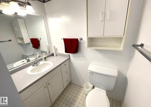 The bathroom features a vanity with a countertop and integrated sink, a large wall-mounted mirror, and overhead lighting - 44 Arlington Drive, St. Albert, AB - Indoor Photo Showing Bathroom