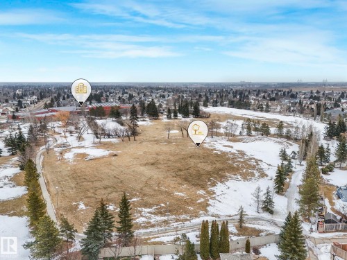 Aerial view showcasing the expansive grounds, partially covered with snow, and bordered by mature evergreen trees - 11704 11 Avenue, Edmonton, AB - Outdoor With View