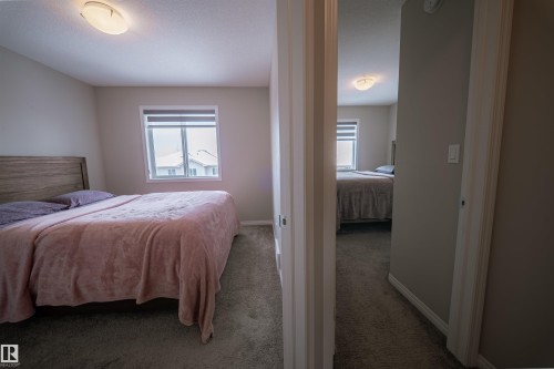 The property includes rooms featuring soft gray carpet flooring, windows with blinds, and ceiling light fixtures - 2132 52 St, Edmonton, AB - Indoor Photo Showing Bedroom