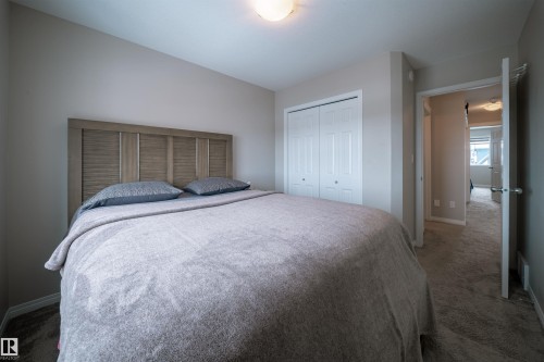 This room features soft gray wall paint, a light gray carpet, and a closet with white bi-fold doors - 2132 52 St, Edmonton, AB - Indoor Photo Showing Bedroom