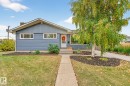 The property features a blue siding exterior with a white front door, a front yard with a lawn and a paved walkway, and a mature tree with green and yellow foliage - 15701 92A Avenue, Edmonton, AB  - Outdoor 