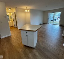 Open-concept living space featuring wood-finish flooring, a freestanding kitchen island with cabinet storage, and a sliding glass door - 