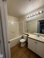 Bathroom featuring a vanity with a drop-in sink, a wall-mounted light fixture, and wood-finish flooring - 