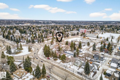 Snowy aerial view featuring a residential view - 8604 142 Street, Edmonton, AB - Outdoor With View