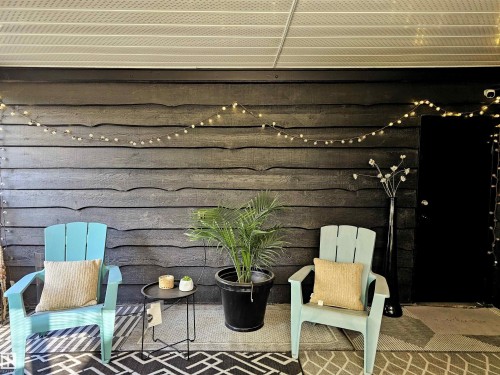 The property features a patio area with a black horizontal plank wall, a gray patterned rug, and a solid black door - 8604 142 Street, Edmonton, AB - 