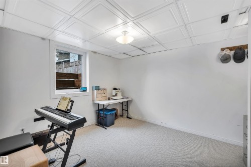 This versatile room features light-colored carpeting, white walls, and a white paneled ceiling with an overhead light fixture - 4208 89 Street Nw, Edmonton, AB - Indoor Photo Showing Other Room