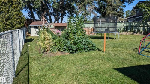 The property features an expansive green lawn, a chain-link fence, and a garden area with lush greenery - 4208 89 Street Nw, Edmonton, AB - Outdoor