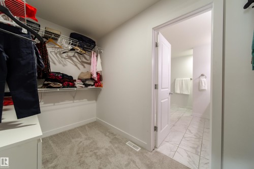 The property features a walk-in closet with carpeted flooring and wire shelving, offering direct access to a bathroom with tiled flooring - 22931 96 Avenue, Edmonton, AB - Indoor With Storage