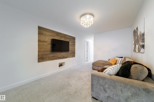 This room features light-colored carpeting, white walls, and a decorative ceiling light fixture - 22931 96 Avenue, Edmonton, AB - Indoor Photo Showing Living Room