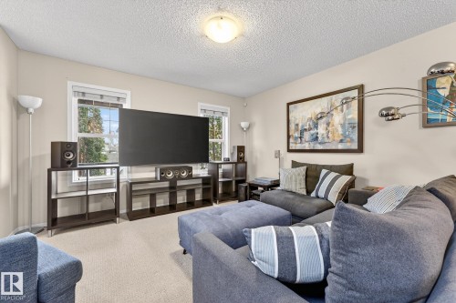 The living area features light-colored walls, carpeted flooring, and two windows providing views of the outdoors - 219 60 Street, Edmonton, AB - Indoor Photo Showing Living Room