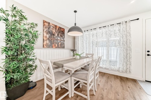 Dining area featuring wood flooring, wainscoting, a contemporary pendant light fixture, and a large window with sheer curtains - 10936 117 Street, Edmonton, AB - Indoor Photo Showing Dining Room