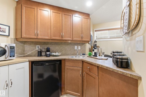 The property features a kitchen area with wood cabinetry, a sink, and a countertop - 13 841 156 Street, Edmonton, AB - Indoor Photo Showing Kitchen