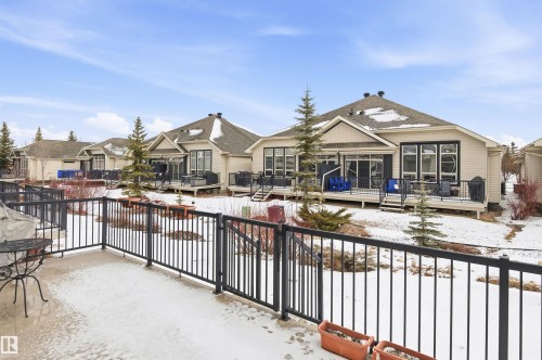 The property features a patio with a black metal railing overlooking a snow-covered yard with scattered evergreen trees - 13 841 156 Street, Edmonton, AB - Outdoor