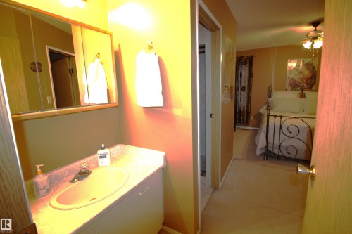 Bathroom featuring a vanity with an oval sink and a mirrored medicine cabinet - 9347 175 Avenue, Edmonton, AB - Indoor Photo Showing Bathroom