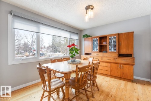 This dining area features light hardwood flooring, a large window with roller shades, and a ceiling light fixture with glass shades - 10504 60 Street, Edmonton, AB - Indoor Photo Showing Dining Room