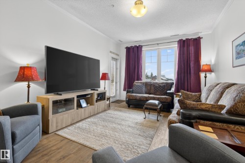 Living area featuring wood-look flooring, a large window providing natural light, and a ceiling light fixture - 318 9820 165 Street, Edmonton, AB - Indoor Photo Showing Living Room