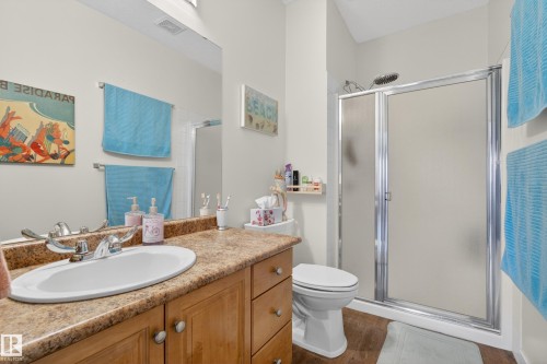 Bathroom featuring a vanity with a white oval sink, a shower with a frosted glass enclosure, and light-colored walls - 318 9820 165 Street, Edmonton, AB - Indoor Photo Showing Bathroom