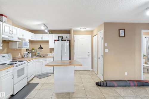 The property features a kitchen with white cabinetry, a kitchen island, and tiled flooring - 224 3425 19 Street Nw, Edmonton, AB - Indoor Photo Showing Kitchen With Double Sink