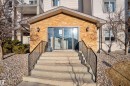 The property features a stone facade entrance with concrete stairs and black metal railings - 224 3425 19 Street Nw, Edmonton, AB  - Outdoor With Exterior 