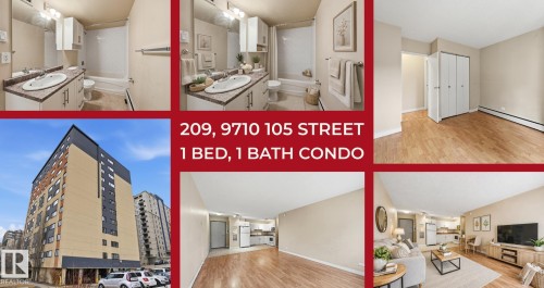 Property Listing. Presenting an exterior building image and interior spaces of the condo property - 209 9710 105 Street Nw, Edmonton, AB - Indoor Photo Showing Other Room