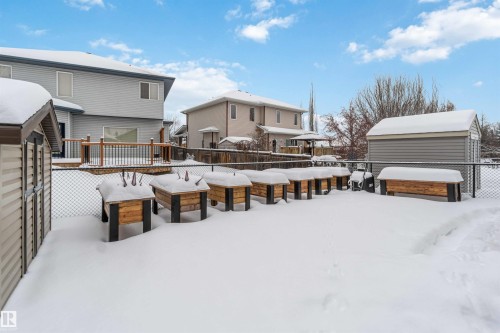 The property features a spacious backyard with a deck, a shed, and raised garden beds - 61 Linkside Blvd, Spruce Grove, AB - Outdoor With Deck Patio Veranda With Exterior