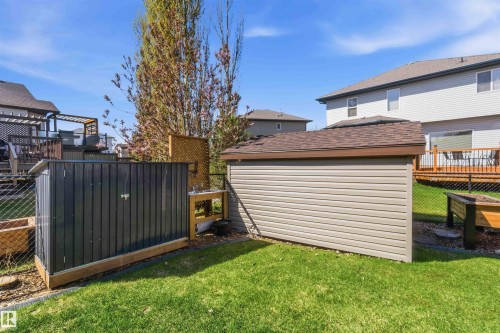 Manicured lawn with two storage sheds, one featuring horizontal siding and a shingled roof, and the other a vertical panel design - 61 Linkside Blvd, Spruce Grove, AB - Outdoor With Exterior