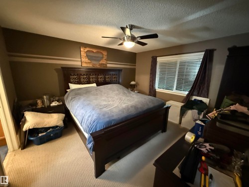 The property features a bedroom with neutral carpeted flooring, a ceiling fan with integrated lighting, and a window fitted with blinds and curtains - 21113 92A Avenue, Edmonton, AB - Indoor Photo Showing Bedroom