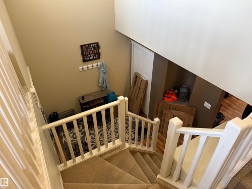 Staircase with carpeted steps and white painted railings - 21113 92A Avenue, Edmonton, AB - Indoor Photo Showing Other Room