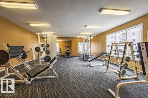 The fitness center features an assortment of exercise equipment, a window offering views of the exterior, and overhead lighting - 326 4304 139 Ave, Edmonton, AB - Indoor Photo Showing Gym Room