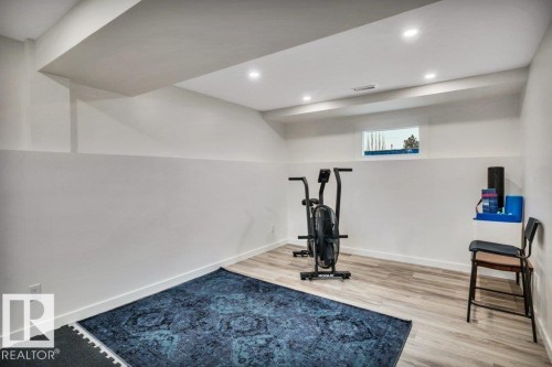 The property features light wood-style flooring, a recessed window, and ceiling lighting - 6719 94B Avenue, Edmonton, AB - Indoor Photo Showing Gym Room