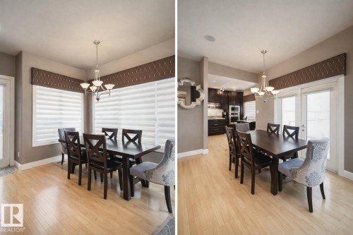 The dining area features light hardwood flooring, a modern chandelier, and windows with blinds - 6712 18 Ave Sw Sw, Edmonton, AB - Indoor Photo Showing Dining Room