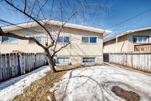 The property features a stucco exterior, various windows, and a fenced yard with a tree - 12411 126 Street Nw, Edmonton, AB - Outdoor