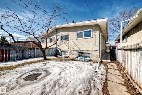 The property features a concrete exterior and a side walkway leading to the backyard, which includes a tree and a wooden fence - 12411 126 Street Nw, Edmonton, AB - Outdoor