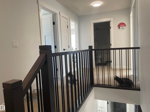 The property features a staircase with dark wood railings and black metal spindles, leading to a carpeted hallway with light-colored walls - 15220 105 Avenue, Edmonton, AB - Indoor Photo Showing Other Room