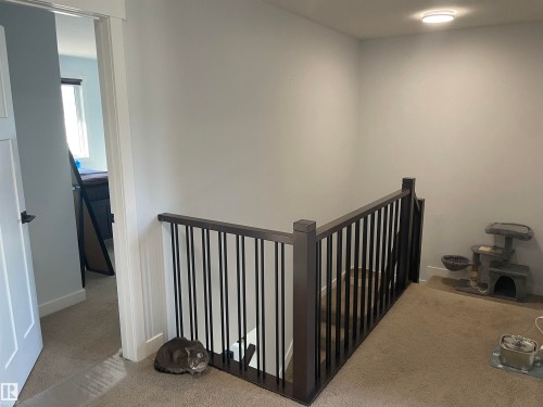 The property features a staircase with dark wood newel posts and balusters, accompanied by light-colored carpeted flooring - 15220 105 Avenue, Edmonton, AB - Indoor Photo Showing Other Room