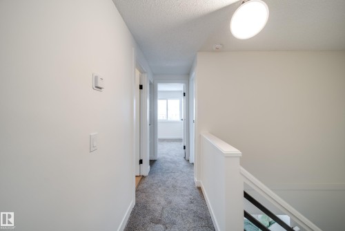 The property features a hallway with light gray carpeting, white walls, and a ceiling light fixture - 125 Woodborough Way, Edmonton, AB - Indoor Photo Showing Other Room