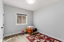 This room features light gray walls, a window with a roller blind, and wood-look flooring - 