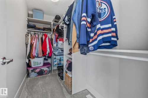 The closet features built-in white shelving, hanging rods, and grey carpet flooring - 3864 Robins Crescent, Edmonton, AB - Indoor With Storage