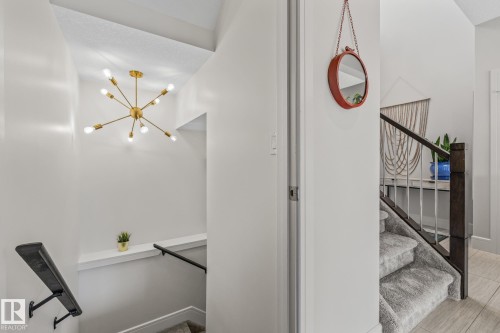 Entryway featuring a modern sputnik chandelier and a carpeted staircase with dark wood newel posts and handrails - 3864 Robins Crescent, Edmonton, AB - Indoor