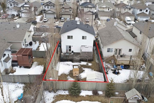 This property features a spacious backyard with a wooden deck, a shed, and mature trees - 4619 202 Street, Edmonton, AB - Outdoor