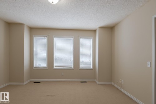 This room features three windows with blinds, carpeted flooring, and a ceiling light fixture - 58 Birchmont Drive, Leduc, AB - Indoor Photo Showing Other Room