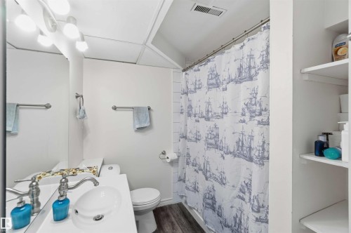 The bathroom features a vanity with a white countertop and an integrated sink, a toilet, and built-in shelving - 4023 86 Street Nw, Edmonton, AB - Indoor Photo Showing Bathroom