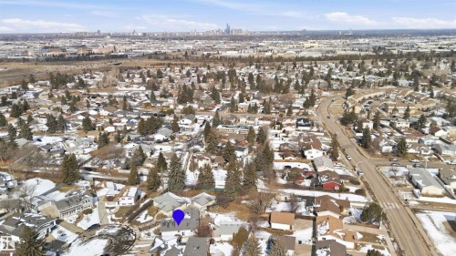 Aerial view of the neighborhood, showcasing residential properties with a mix of evergreen trees and some visible roads - 4023 86 Street Nw, Edmonton, AB - Outdoor With View