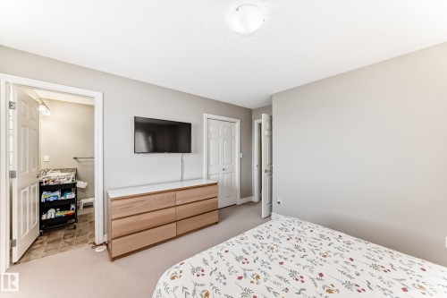 The bedroom features neutral walls, carpeted flooring, and a ceiling light fixture - 138 655 Tamarack Road Nw, Edmonton, AB - Indoor Photo Showing Bedroom