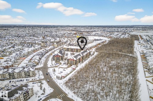 This aerial view highlights the property's advantageous placement within a developed area, surrounded by residential buildings and a substantial wooded area - 301 1070 Mcconachie Boulevard, Edmonton, AB - Outdoor With View