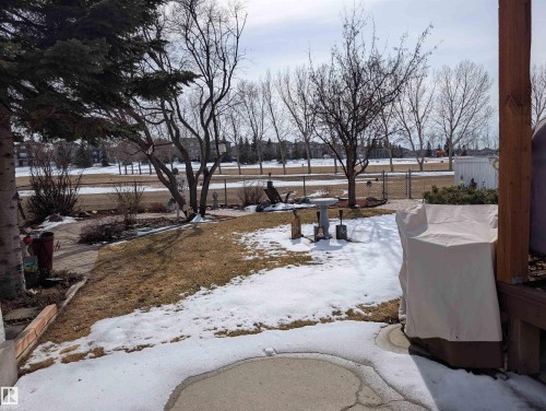 The property features a yard with a concrete patio, a lawn, and mature trees - 65 Coloniale Way, Beaumont, AB - Outdoor With View
