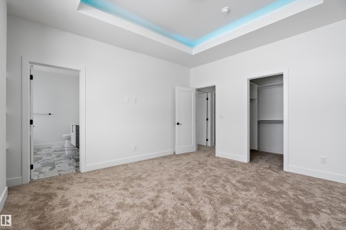This room features plush carpeting and white walls, with a tray ceiling providing accent lighting - 219 Crystal Creek Dr, Leduc, AB - Indoor Photo Showing Other Room